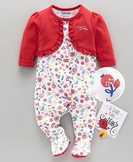 Babyoye Full Sleeves Footed Sleepsuit Floral Print - Red