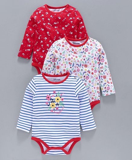 Babyoye Full Sleeves Onesie Floral Print Pack of 3 - Red