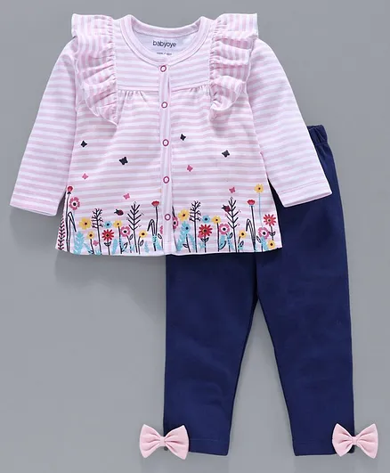 Babyoye Full Sleeves Striped & Floral Printed Top & Leggings - Pink Blue