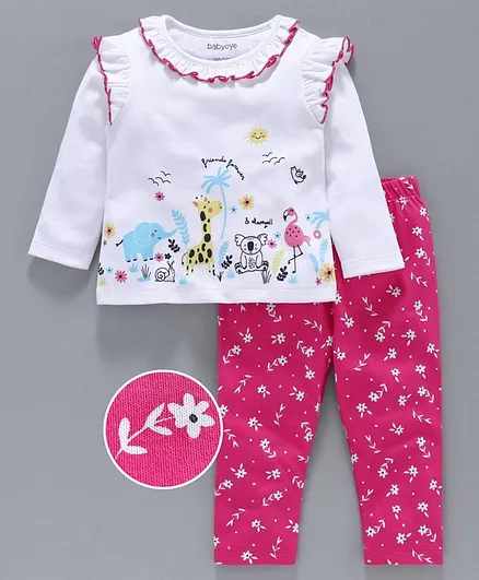 Babyoye Full Sleeves Top & Leggings Animal & Floral Print - White Pink