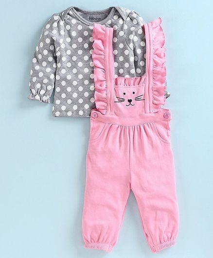 Babyoye Dungaree with Full Sleeves Inner Tee Polka Dot Print - Grey Pink