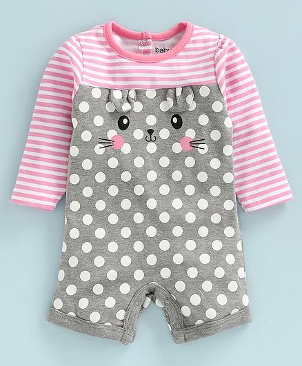 Babyoye Full Sleeves Cotton Romper Kitty Print - Pink Grey