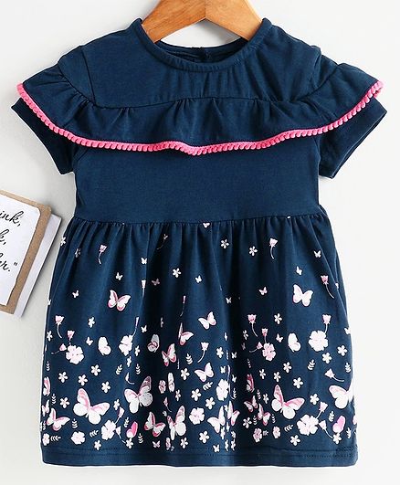 Babyoye Cotton Lycra Short Sleeves Frock Butterfly Print - Navy Blue