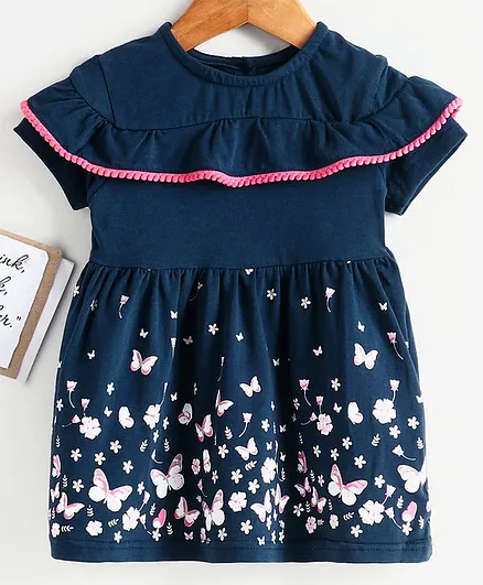 Babyoye Cotton Lycra Short Sleeves Frock Butterfly Print - Navy Blue