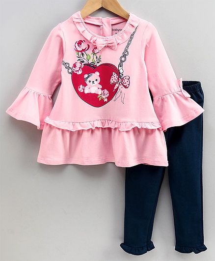 Babyoye Circular Flounce Frock With Leggings Bear Print - Pink Navy Blue