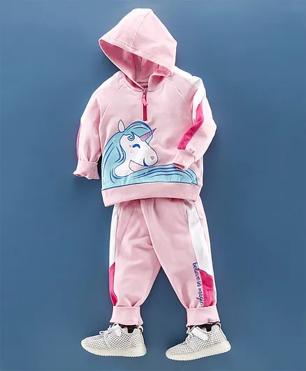 Babyoye Full Sleeves Hooded Tee & Lounge Pant Unicorn Print - Pink