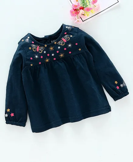 Babyoye Peasant Sleeves Top Butterfly Embroidery - Navy Blue