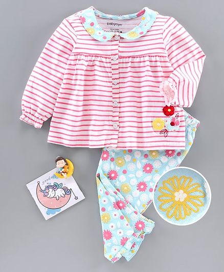 Babyoye Full Sleeves Striped Night Suit - Pink