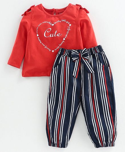 Babyoye Cold Shoulder Top & Stripe Pant Text Print - Red Navy Blue