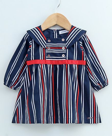 Babyoye Balloon Sleeves Striped Frock - Navy Blue