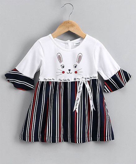 Babyoye Three Fourth Sleeves Striped Frock - Navy Blue