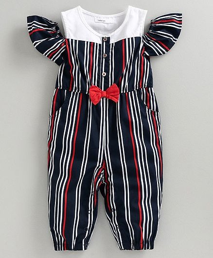 Babyoye Striped Cold Shoulder Woven Jumpsuit - Navy Blue