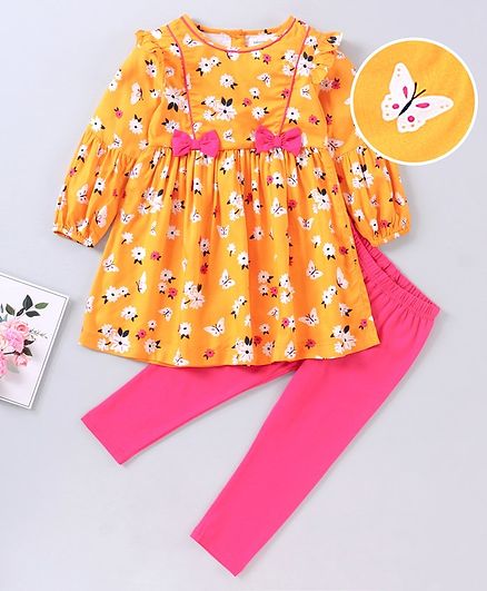 Babyoye Balloon Sleeves frock with Legging Floral Print - Yellow