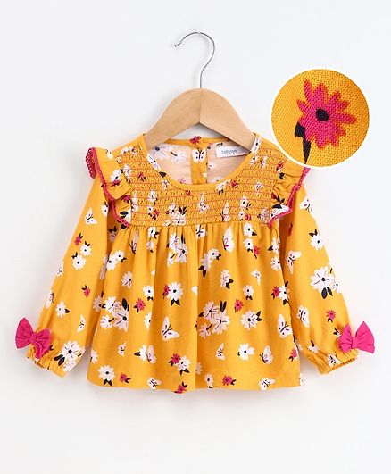 Babyoye Full Sleeves Woven Frock Style Top Floral Print - Yellow