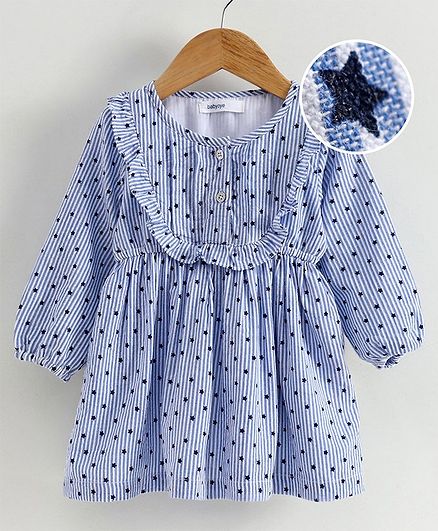 Babyoye Balloon Sleeves Cotton Frock Star Print - White Blue