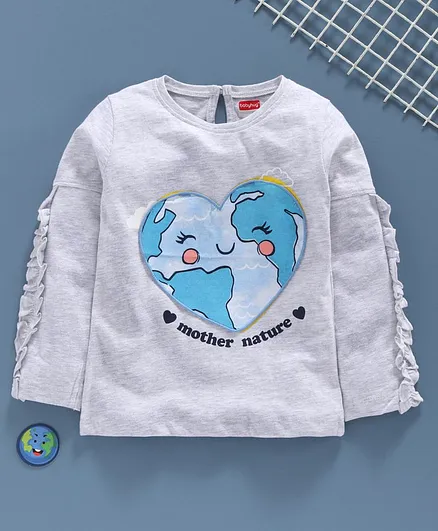 Babyhug Full Sleeves Tee with Frill Detailing Heart Patch - Light Grey
