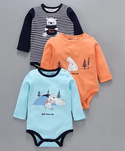 Babyoye Cotton Full Sleeves Onesies Bear Print Pack of 3 - Navy & Sky Blue Orange