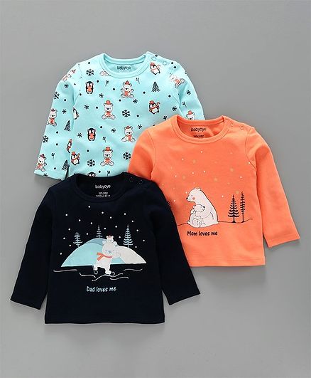 Babyoye Full Sleeves T-Shirt Bear Print Pack of 3 - Orange, Blue