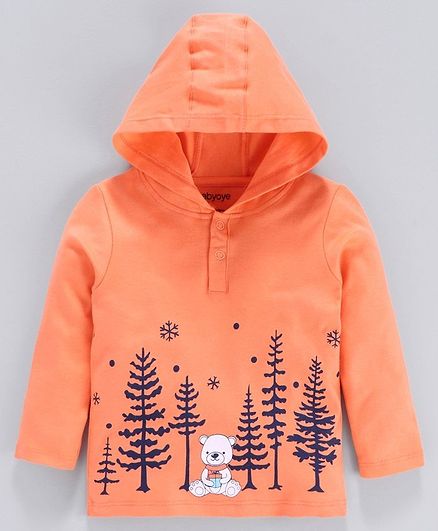 Babyoye Full Sleeves Cotton Hooded Tee Forest Print - Orange