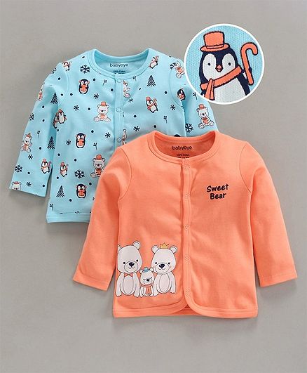 Babyoye Full Sleeves Cotton Jhabla Teddy Print Pack of 2 - Orange Blue
