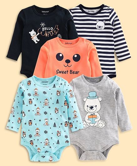 Babyoye Full Sleeves Cotton Onesie Teddy Print Pack of 5 - Grey