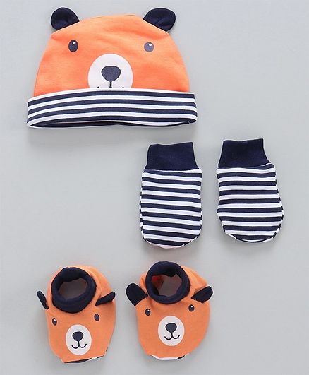 Babyoye Cotton Cap Mitten & Bootie Set - Orange