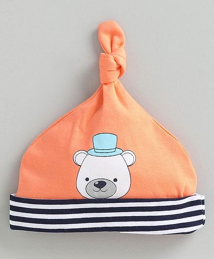 Babyoye Cotton Tie Knot Cap Teddy Print - Orange