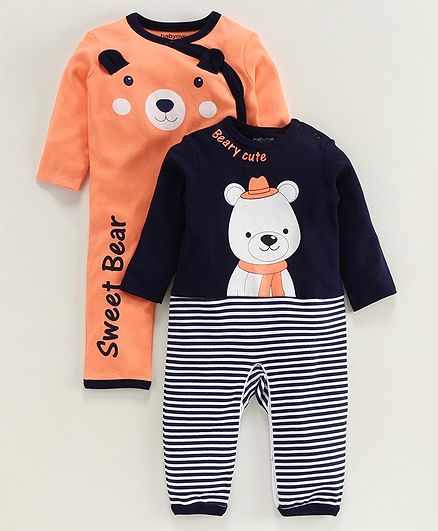 Babyoye Full Sleeves Cotton Romper Teddy Print Pack of 2 - Orange