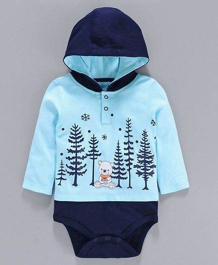 Babyoye Full Sleeves Hooded Cotton Onesie Bear Print - Blue