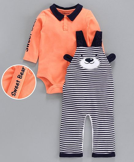 Babyoye Striped Cotton Dungaree with Inner Full Sleeves Onesie - Orange Black