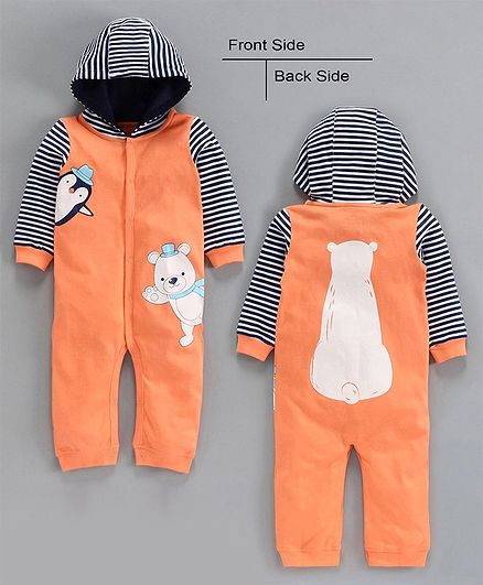 Babyoye Full Sleeves Full Length Hooded Romper - Orange