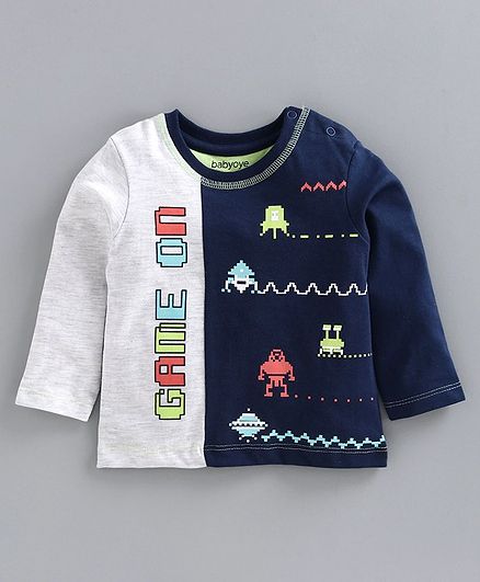 Babyoye Cotton Blend Full Sleeves Tee Game On Print - Grey Navy Blue