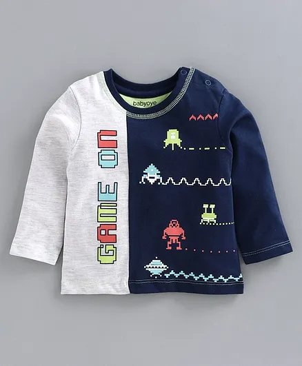 Babyoye Cotton Blend Full Sleeves Tee Game On Print - Grey Navy Blue