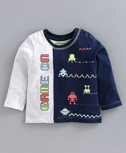 Babyoye Cotton Blend Full Sleeves Tee Game On Print - Grey Navy Blue