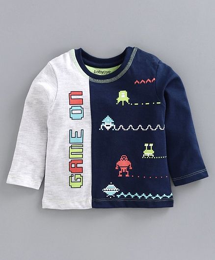 Babyoye Cotton Blend Full Sleeves Tee Game On Print - Grey Navy Blue