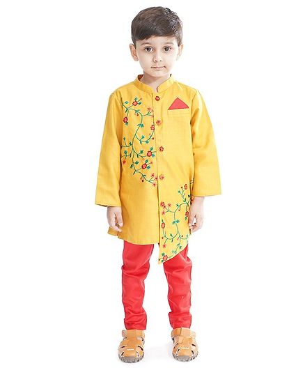 Babyoye Full Sleeves Kurta Pajama Set Floral Embroidered - Yellow