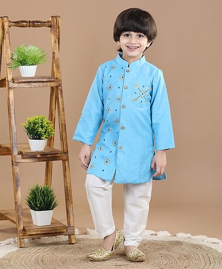 Babyoye Cotton Full Sleeves Embroidered Kurta - Blue