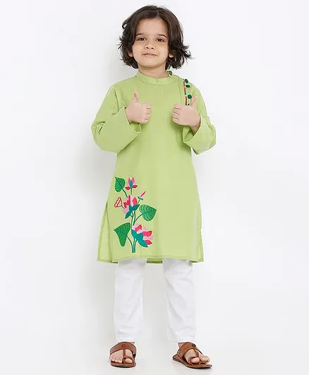 Babyoye Full Sleeves Cotton Kurta Floral Embroidery - Green