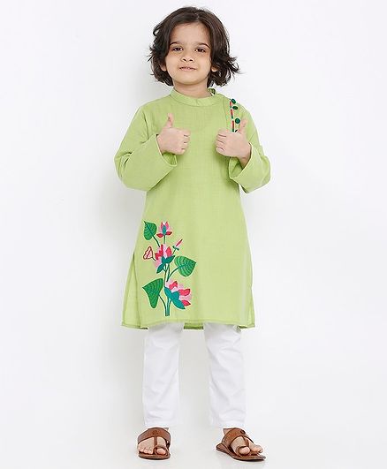 Babyoye Full Sleeves Cotton Kurta Floral Embroidery - Green