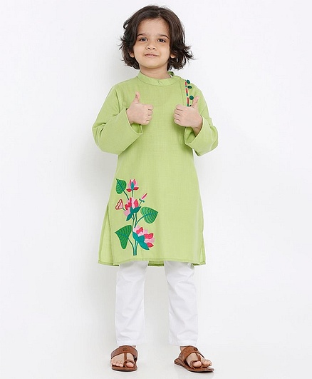 Babyoye Full Sleeves Cotton Kurta Floral Embroidery - Green