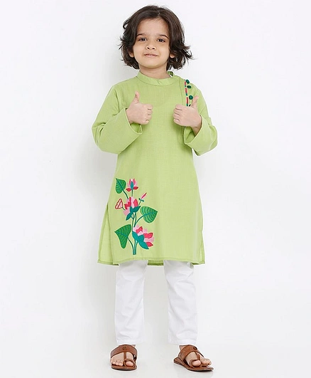 Babyoye Full Sleeves Cotton Kurta Floral Embroidery - Green