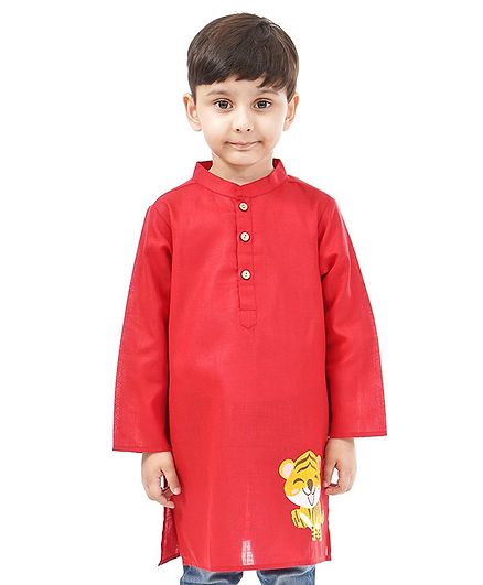 Babyoye Cotton Full Sleeves Kurta Tiger Embroidery - Red