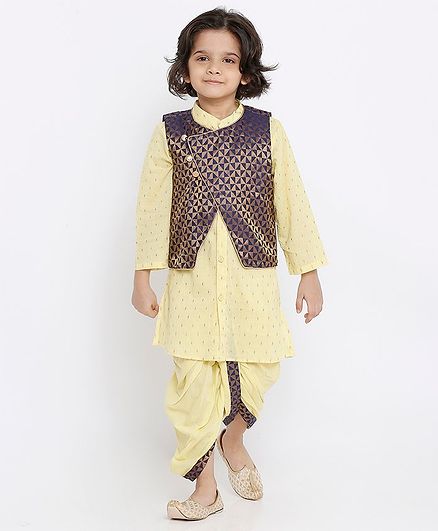 Babyoye Full Sleeves Kurta And Dhoti Set with Brocade Jacket Set - Beige