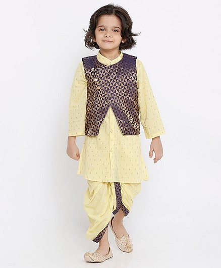 Babyoye Full Sleeves Kurta And Dhoti Set with Brocade Jacket Set - Beige