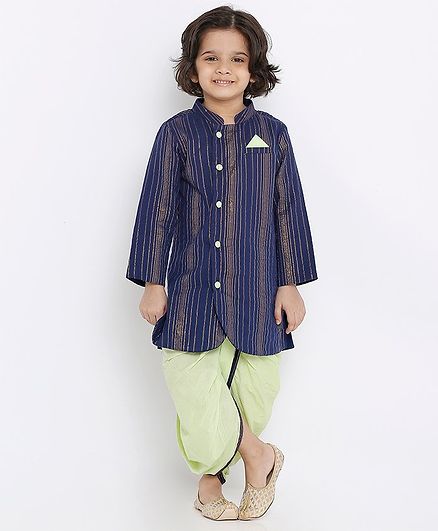 Babyoye Cotton Lurex Full Sleeves Embroidered Kurta and Dhoti Set - Blue
