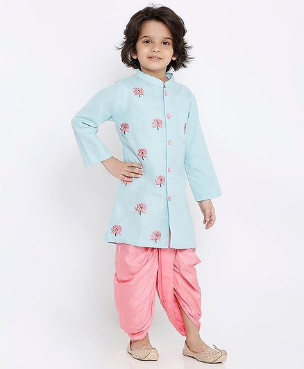 Babyoye Full Sleeves Cotton Kurta & Dhoti Set Floral Embroidered - Sea Green Pink