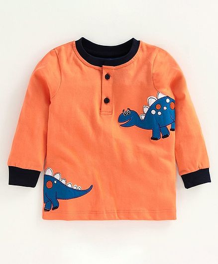 Babyoye Full Sleeves Cotton Tee Dino Embroidered - Orange