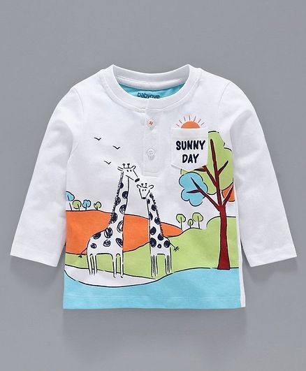Babyoye Full Sleeves Cotton T-Shirt Giraffe Print - White