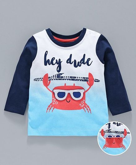 Babyoye Full Sleeves Cotton Tee Hey Dude Print - White Blue