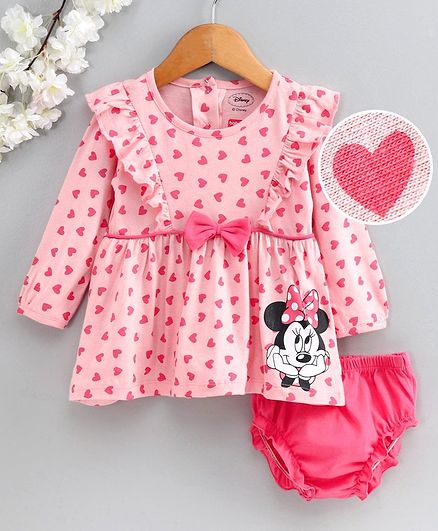Babyhug Full Sleeves Frock with Bloomer Minnie Mouse Print - Pink